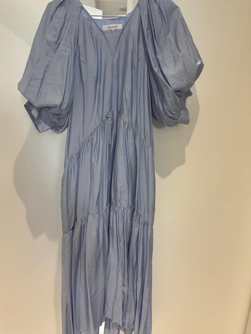 Frame Denim Pale Blue Puff-Sleeve Tiered Maxi Dress